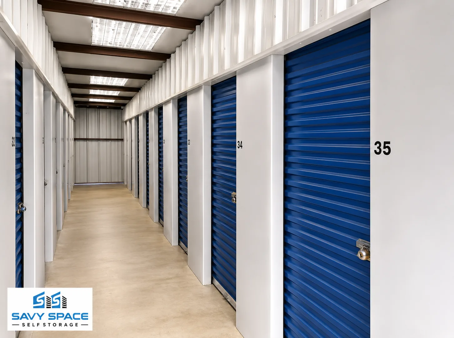Well-lit indoor storage hallway with numbered blue unit doors at Savy Space Self Storage
