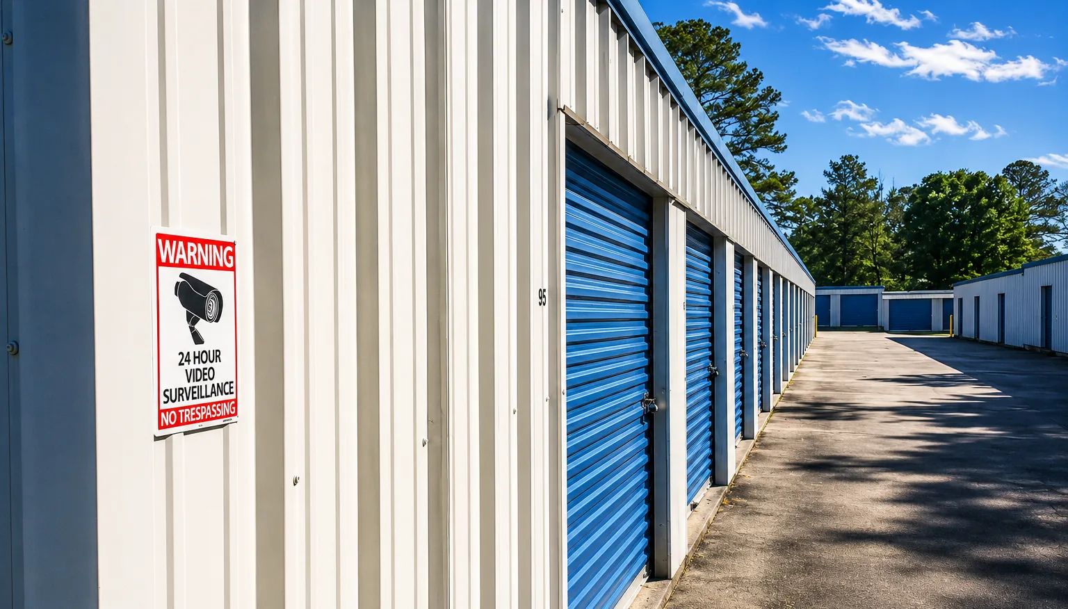 24-hour video surveillance sign posted on a storage building at Savy Space Self Storage
